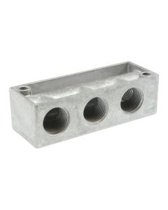 Blockverteiler  3-fach aus Aluminium ; Anschluss: 1/4" IG (Eingang); 3 x 1/4" IG (Ausgang)